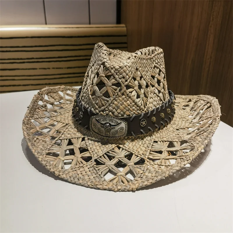 Sun Hat Cowboy Hat Lafite Grass Straw Western Cowboy Cowgirl Panama Wide Brim Summer Beach Decorate Casual Woman Summer Sun Hats