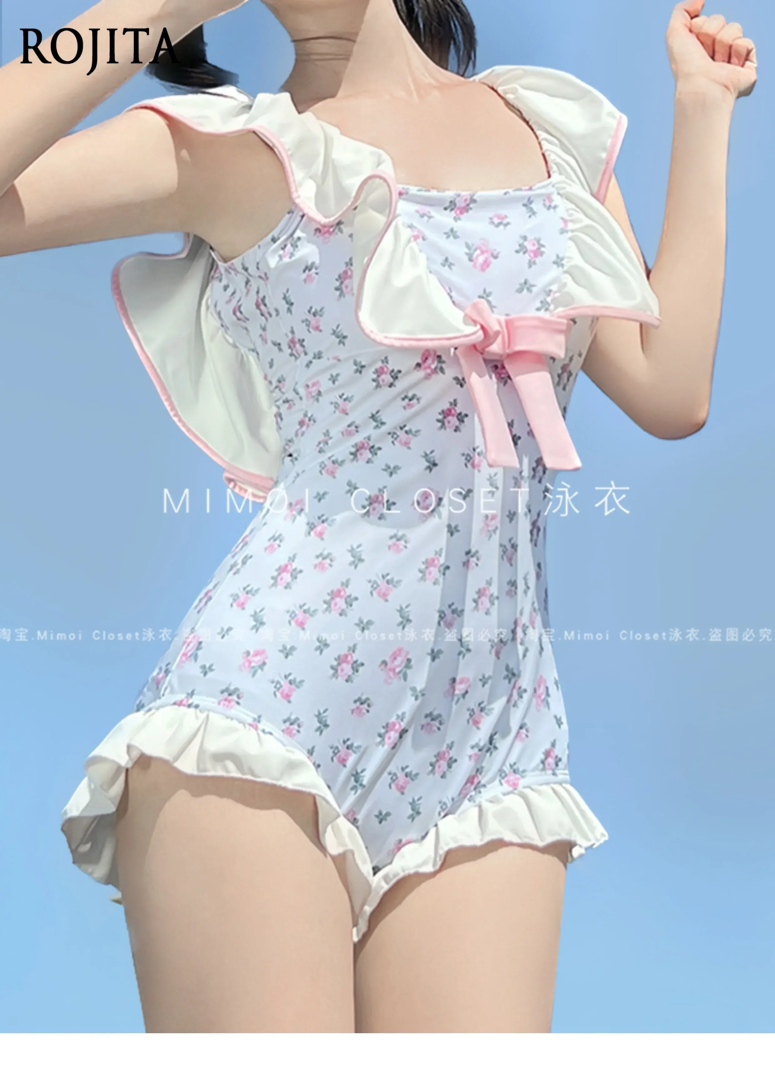 Summer New Lolita One-piece Swimsuit Women's Kawaii Bow Print Hot Spring Beach Swimwear Sweet Female Student Bathing Suit Women