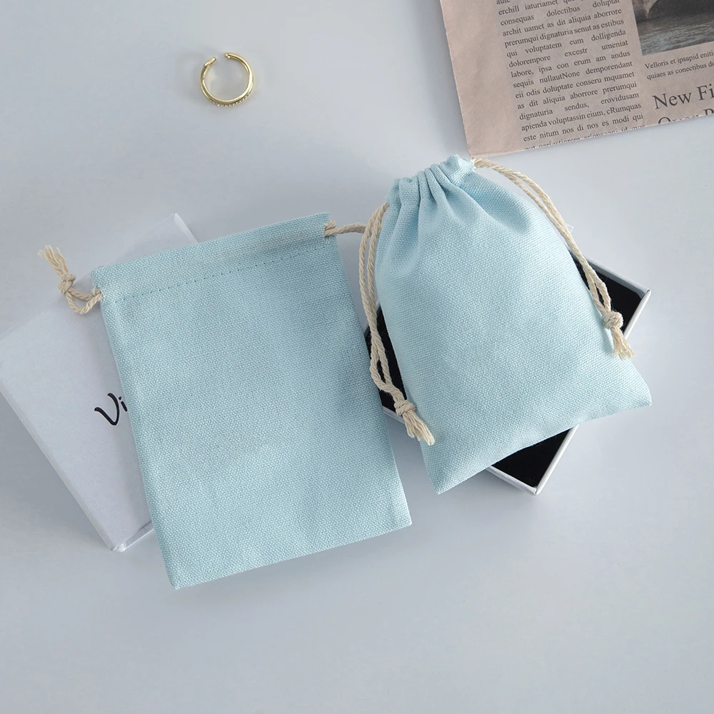 5Pcs Blue Jewelry Storage Pouch, Cotton Drawstring Bag