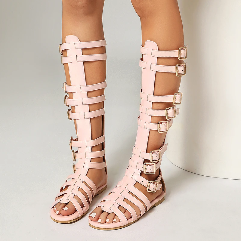 Plus Size Roman Style Gladiator Sandals T-Shaped Slim Strap Hollowed Flat Bottom Back Zipper Sexy Women's Sandals