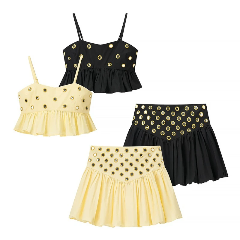 2026 Summer New Retro Street Style Metallic Camisole Top and Mini Skirt Two-piece Set