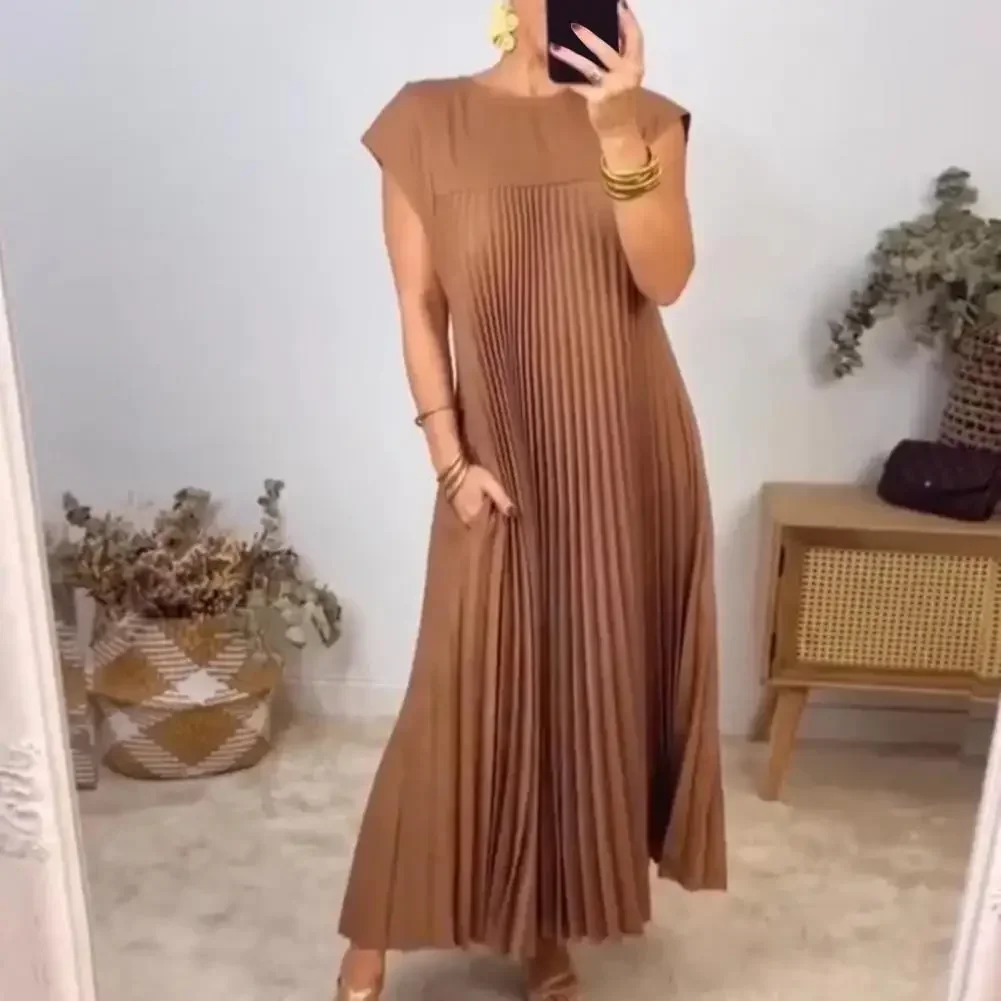 Women Pleated Simple Solid Colour Dress Elegant Maxi Dress with Side Pockets Breathable A-line Summer Commute Vacation Clothing