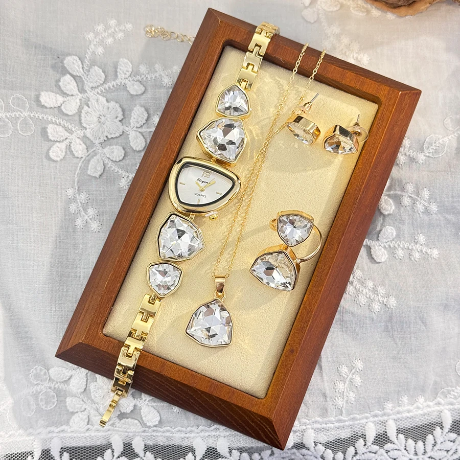 Luxury Ladies Quartz Watch Colorful Diamond Irregular Shape Necklace Ring Earrings Jewelry Set Four-Piece Gift Set Trendsetter