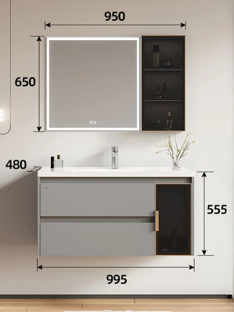 Moda cinza armário de combinação do banheiro cerâmica bacia integrada toalete mesa lavagem rosto desembaçamento espelho inteligente