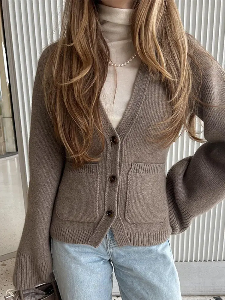 Women Autumn Winter Solid Single Breasted Knitted Cardigan Chic V Neck Long Sleeves Pocket Short Sweater Lady Warm Woolen Coat