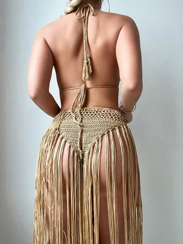 Imagen 2 del producto Conjunto de Bikini con borlas largas y flores de ganchillo para mujer, traje de baño de verano con cuello Halter y lazo en la parte inferior, traje de baño para cubrir la cintura alta