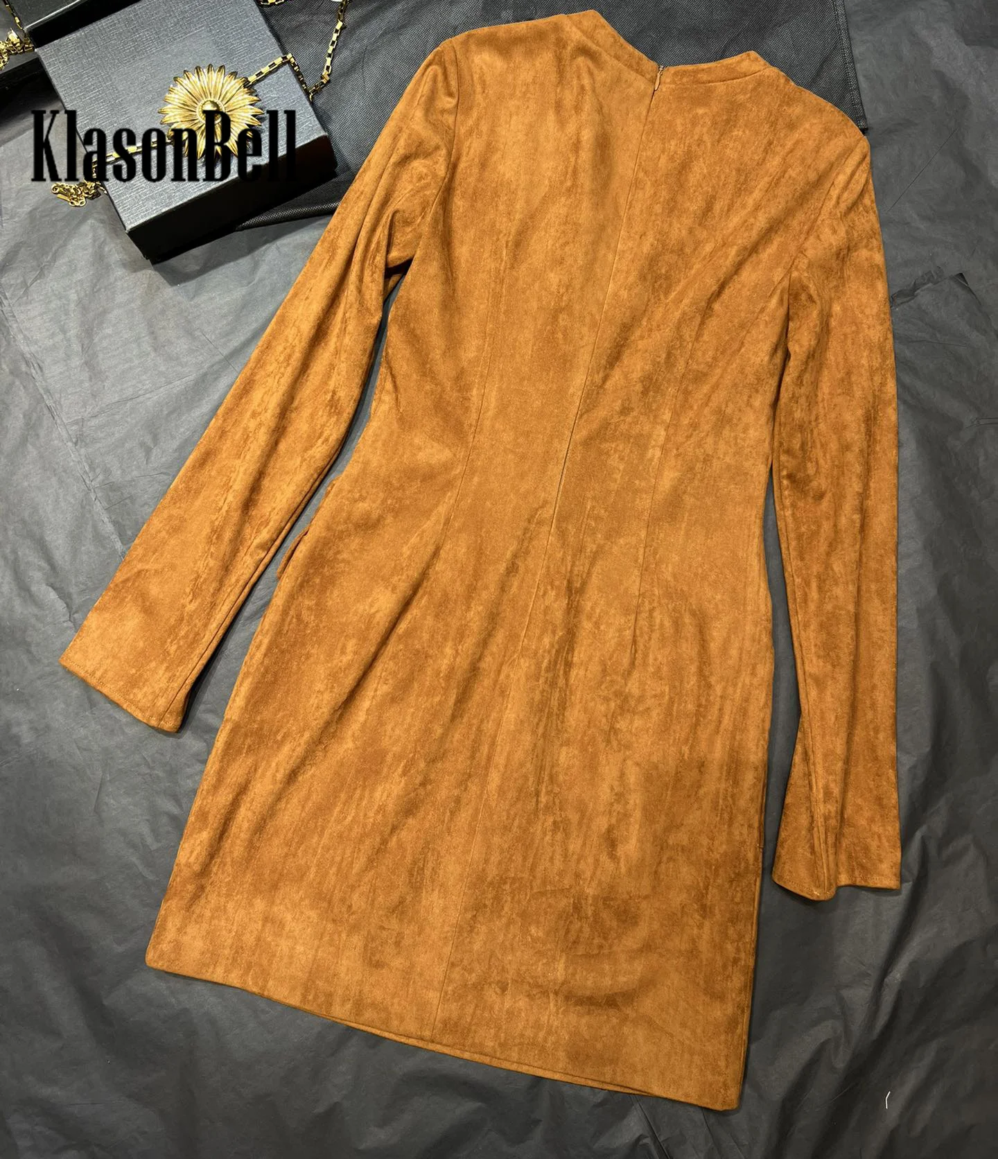 9.30 Klason Bell Women\'s Fashion Suede Fabric Long Sleeve Dress Criss-Cross Drawstring Lace-up Multiple Pocket Slim Mini Dress