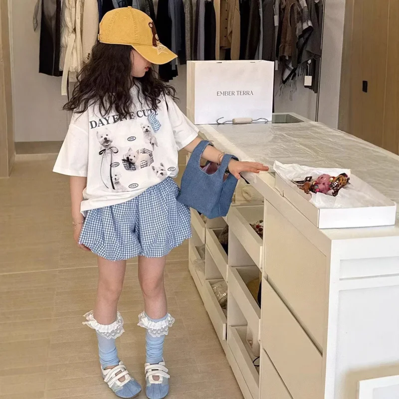 

Girls' Loose-Fit Cartoon Puppy SweatshirtTT shirt+Plaid shorts two-piece set2026New Summer Outfits