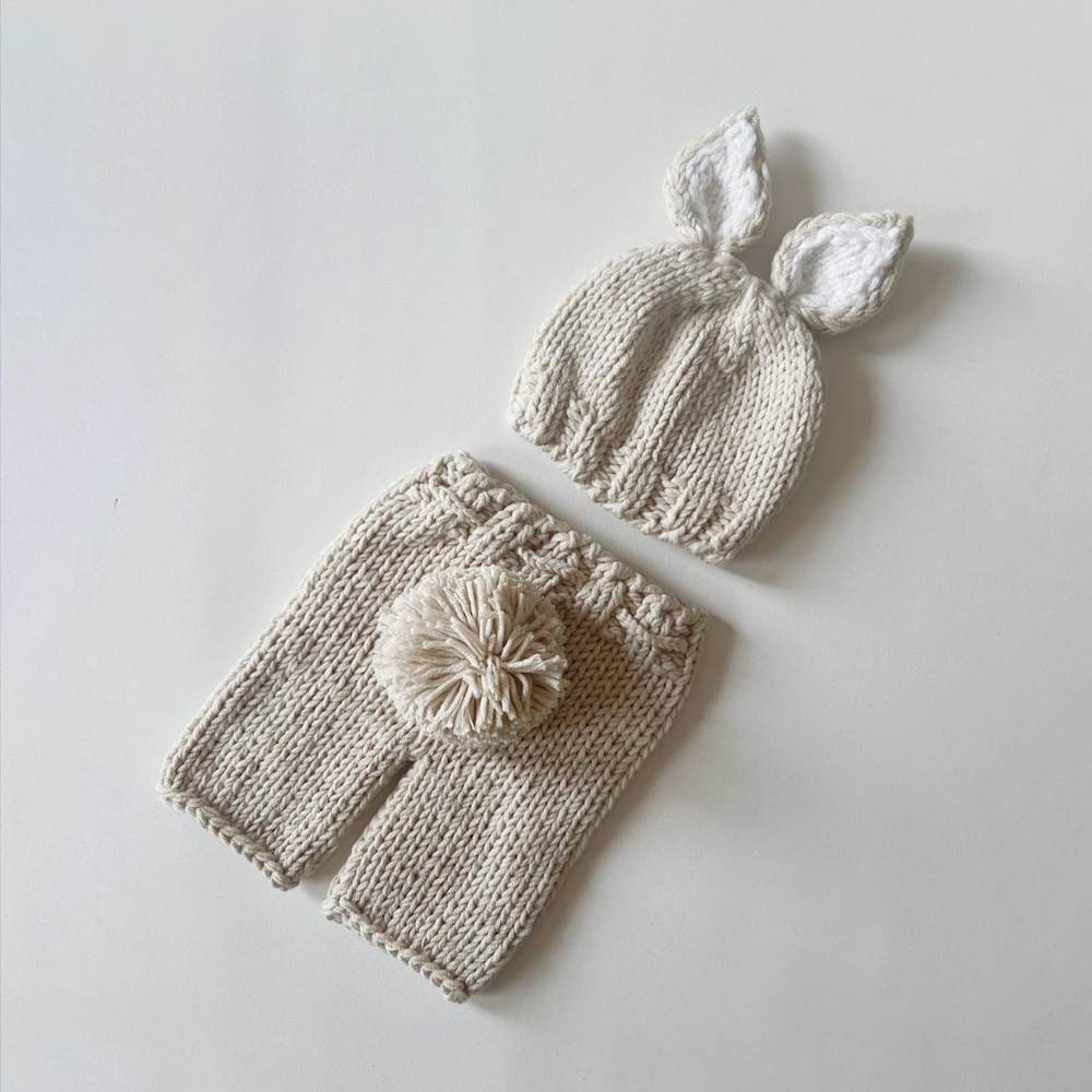 Newborn Photography Props Bunny Costume Baby Knit Outfit with Hat Tail Set Infant Photo Shoot Accessories Baby Shower Gift
