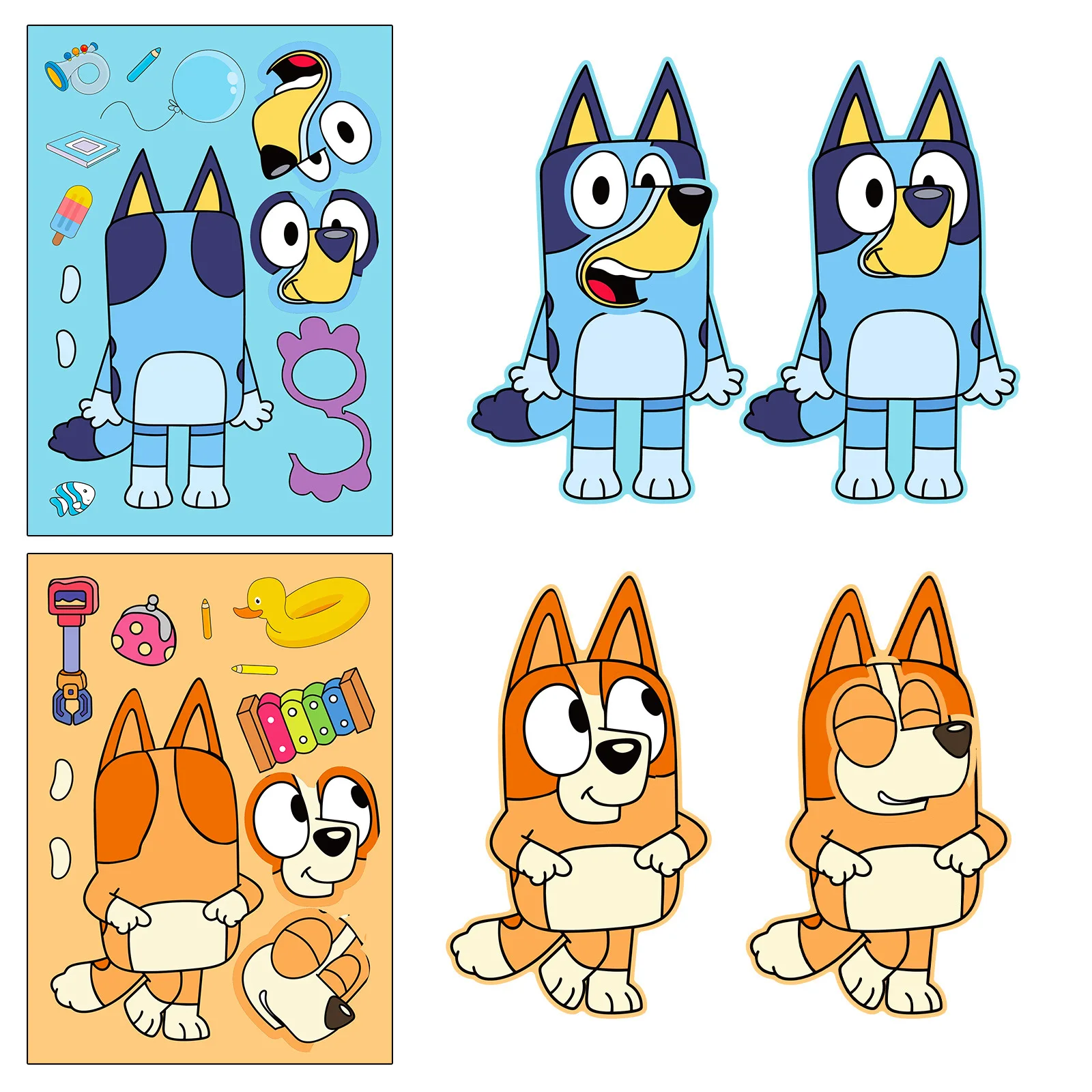 6Sheets Bluey Sticker Children Puzzle Stickers Make-a-Face Funny Assemble Jigsaw DIY Cartoon Sticker Kids Educational Toys