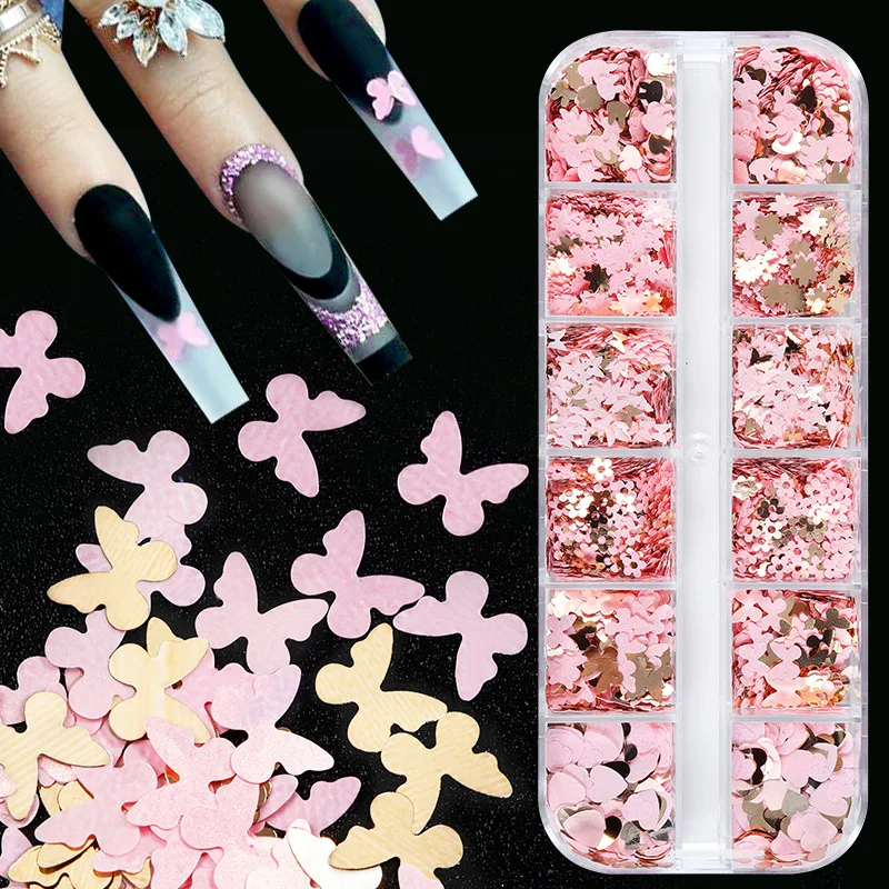 

12 Grids 3D Rabbit/Butterfly//Flower/Heart Nail Flakes Vibrant Pink Gold Sequin Nail Art Kit Sparkling DIY Manicure Accessories*