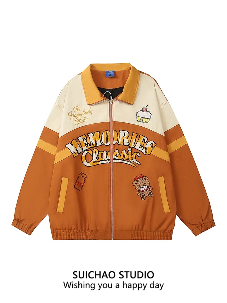 

Suichao American Retro HelloKit Embroidery Patchwork Baseball Jaet Loose School Sle Women's Clothing Cotton Long Sve