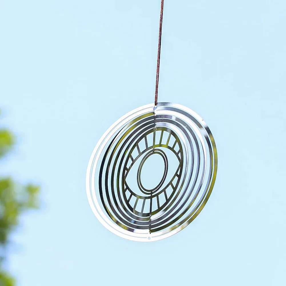 10cm Circular Stainless Steel Evil Eye Wind Chime Pendant Reflective Bird Repeller 3D Rotation Visual Effects Gardening Ornament