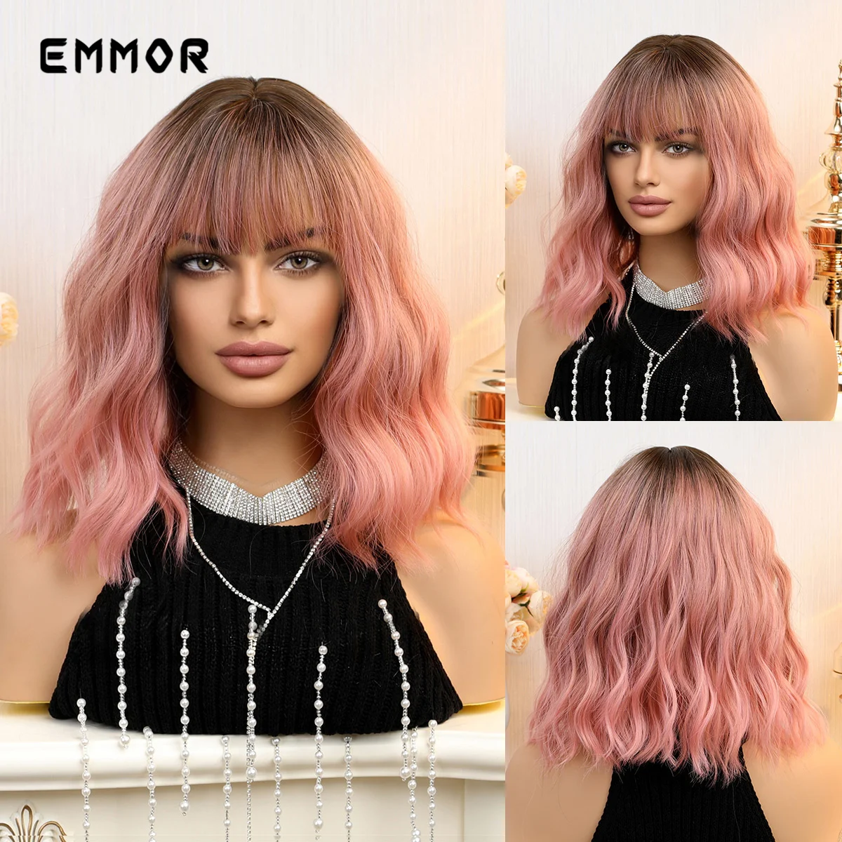 

Emmor Highlight Pink Bob Wig Synthetic Wig with Bangs for Women Daily Party Cosplay Use Heat Resistant Fiber Wigs