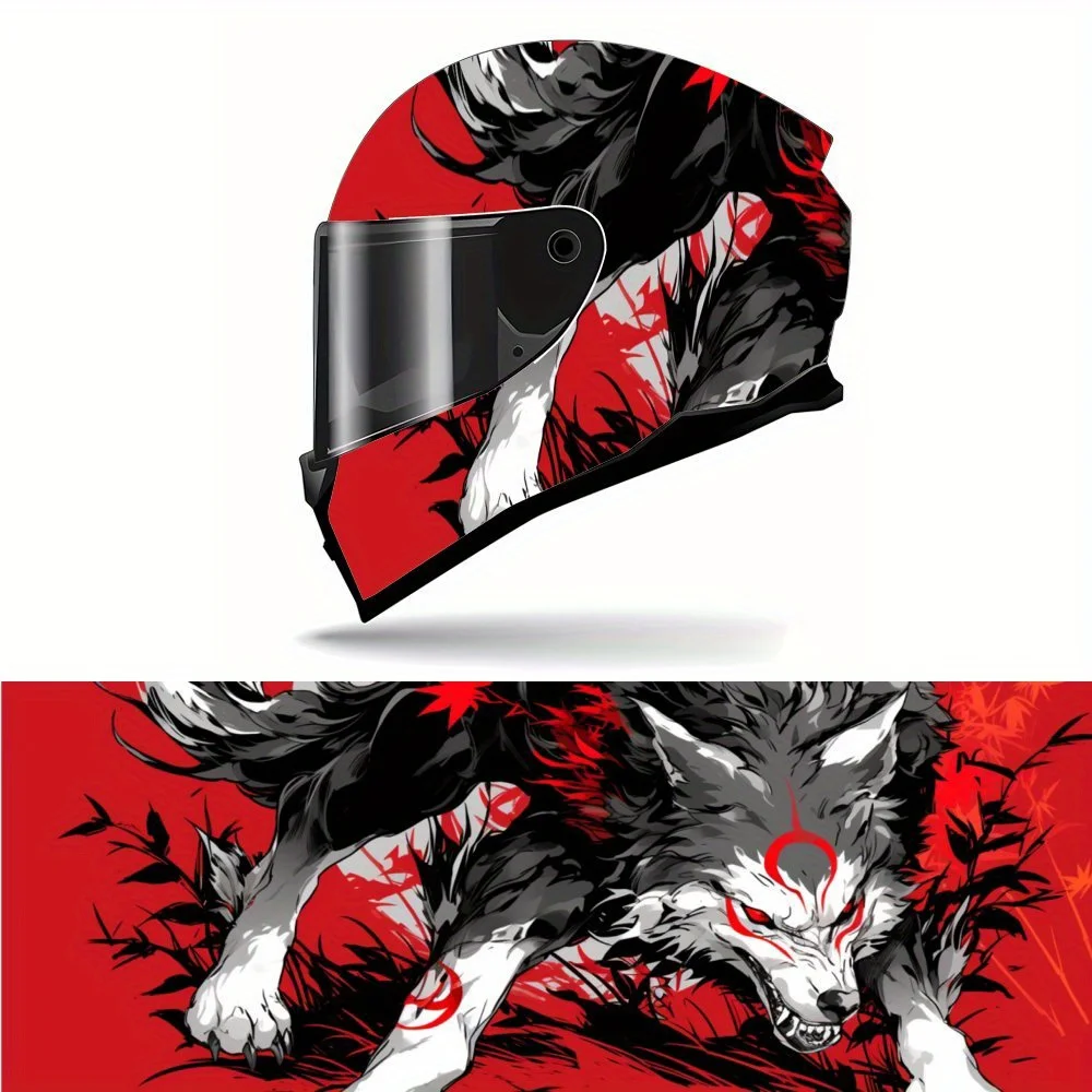 

Fiery Red Battle Wolf PVC Motorcycle Helmet Vinyl Wrap, Self-Adhesive Waterproof Sticker, Anti-Scratch Decorative Film for Full