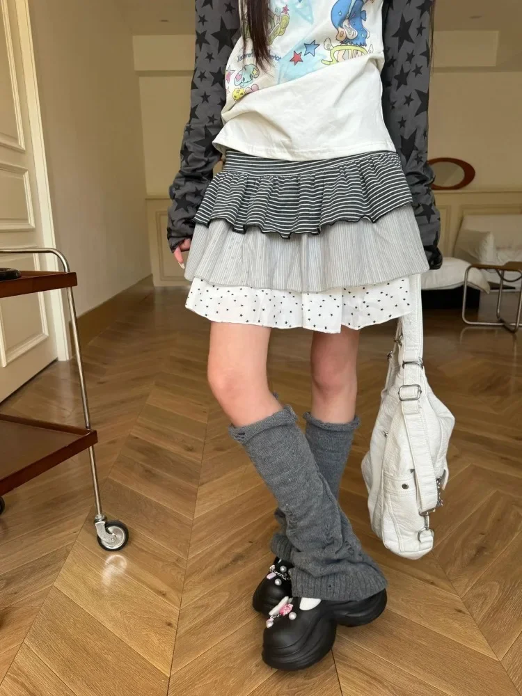 

Американские милые повседневные лоскутные полосатые юбки Y2K, трапециевидная юбка-тортик со рюшами для женщин, летняя субкультурная юбка Faldas De Mujer