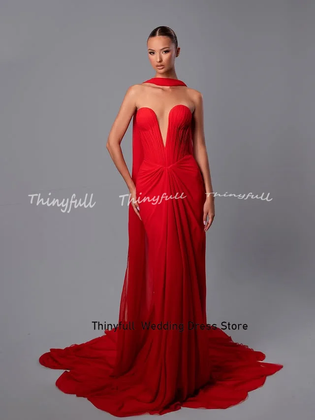 Thinyfull Mermaid Arabic Prom Dress Chiffon Sleeveless Sweetheart Evening Dresses Formal Occasion Gown Robe De Soirée Customized