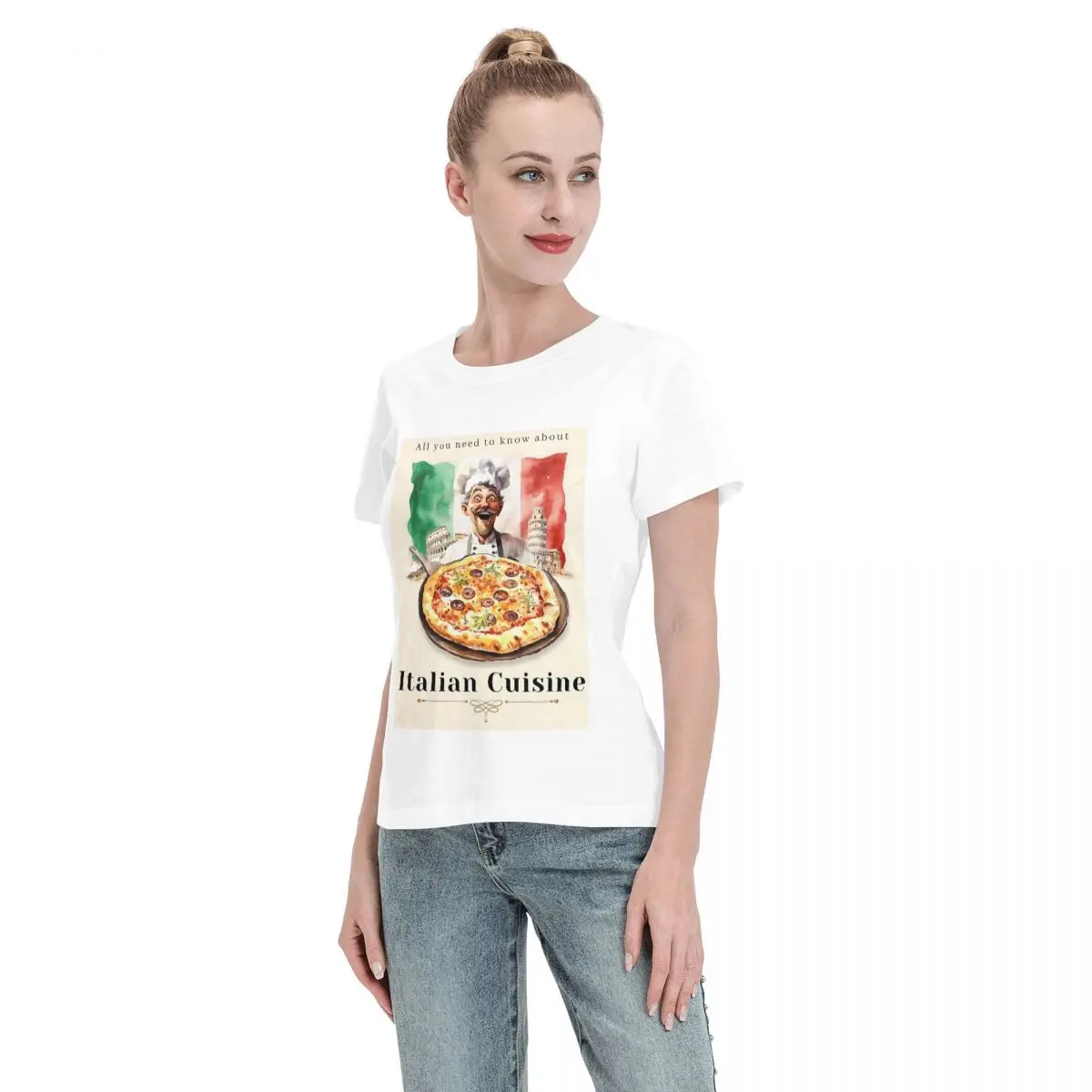 Camiseta de pizza com bandeira italiana para mulheres, gola redonda, streetwear, camisetas femininas, roupas curtas de verão