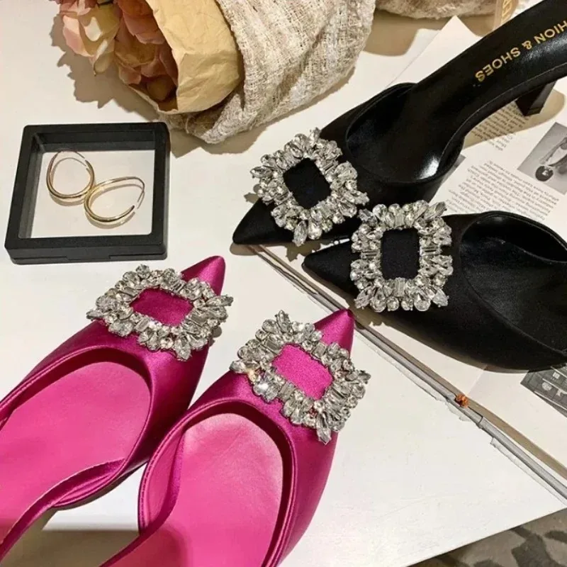 Rhinestone Buckle Satin Pointed Toe Pumps Slippers Women Sexy Slingback Dress Shoes Luxury Brand Heeled Sandals Female Mules