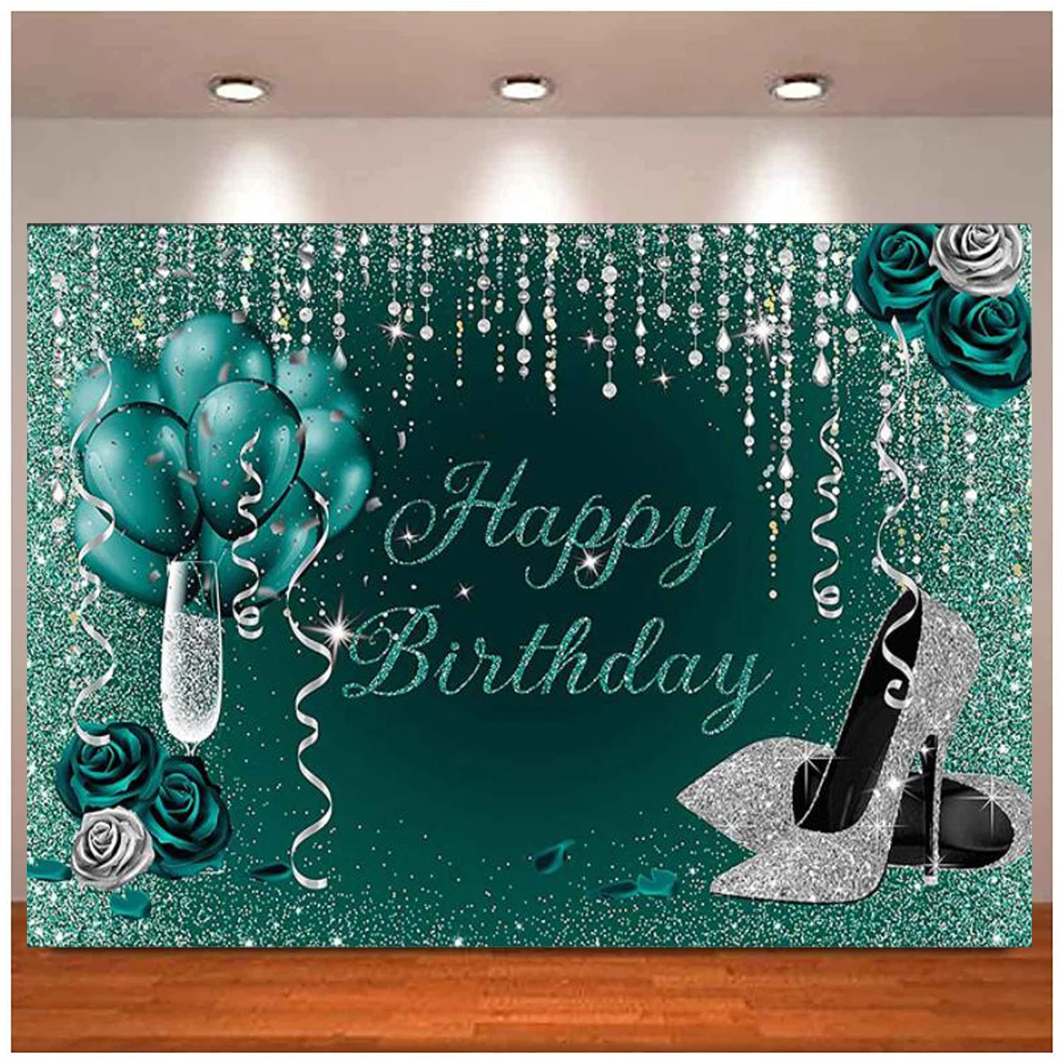 

Photography Backdrop For Girls Women Happy Birthday Party Background Teal Green Floral Rose Gold Glitters Confetti Bday Decor