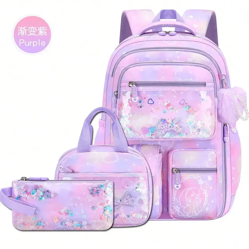 Gradient 3 Piece School Backpack Set, Girls' Large Capacity Sequin Pocket Bookbag With Lunch Bag And Pencil Case, Back To School