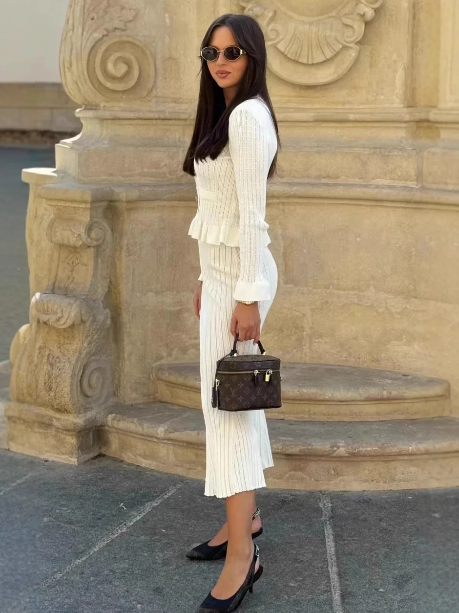 Faionable – ensemble jupe queue Fi pour femmes, coupe cintrée, taille haute, tricoté, Long, Sve, costume deux pièces, saison d'automne