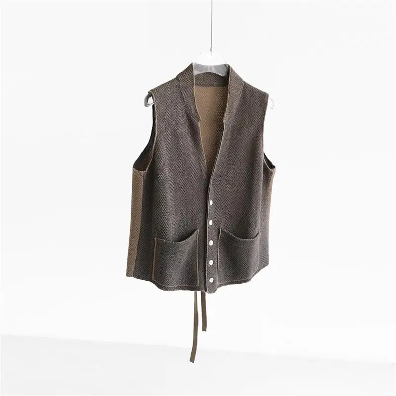 

High Densi Linen Cotton Knitted Vest Top Women's Autumn Season Collarl Svel Sweater with Garter Stitch Pattern