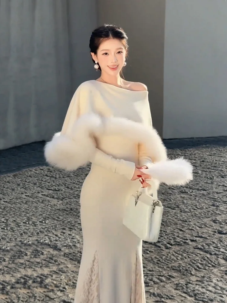

Elegant Lace Fish Tail Long Skirt Women's Autumn Winter Design Soft Style Furry Cloak Skirt A-Line Silhouette Regular Sleeve