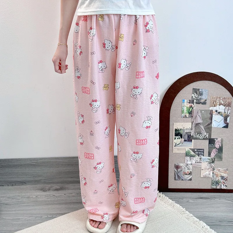 Cute Korean Style Cartoon Hello Kitty Sweet Sleeping Pants for Women in Summer Loose and Thin Pink Casual Home Pants for Girls