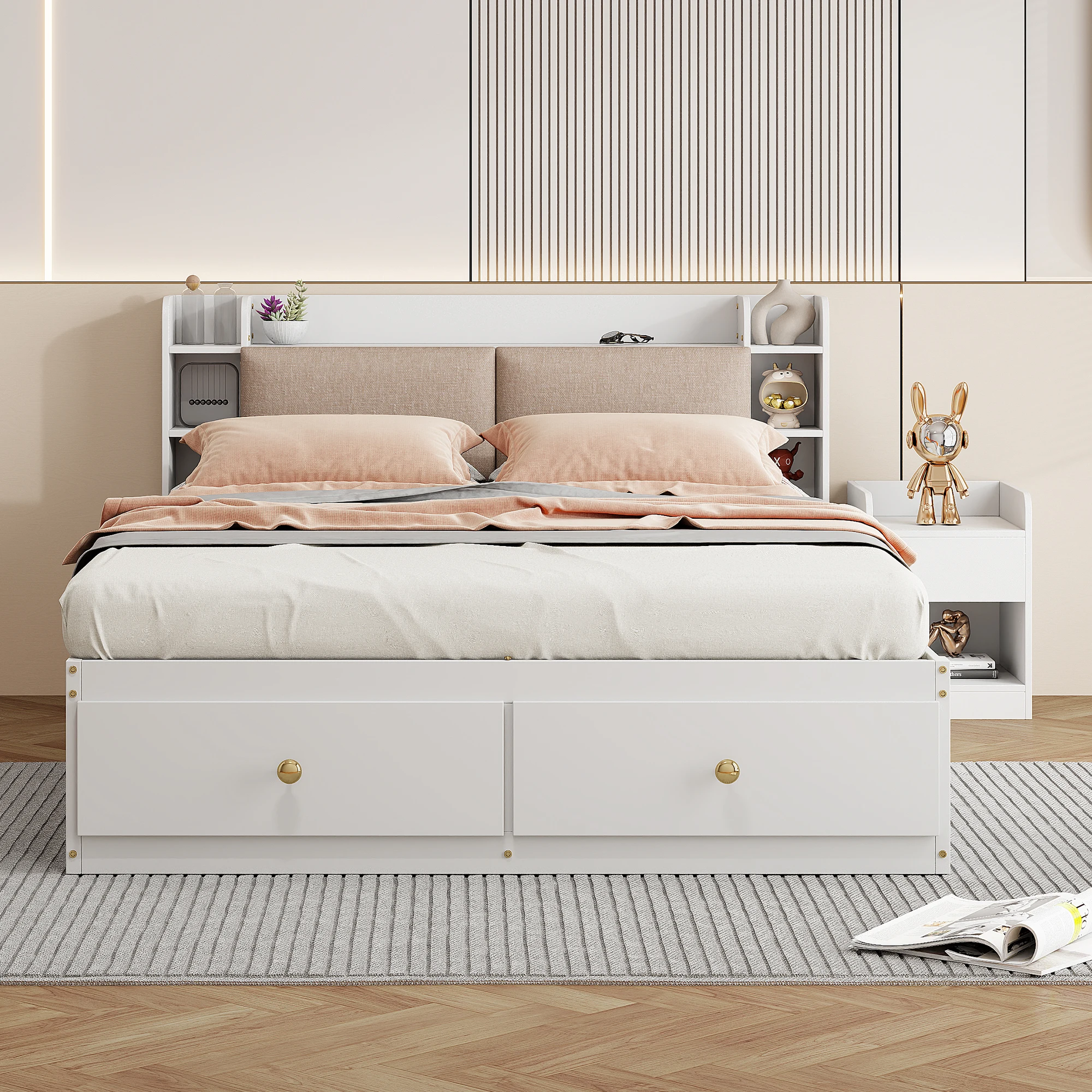 140*200cm solid wood combination bed headboard with built-in storage compartment with drawers with long storage cabinet