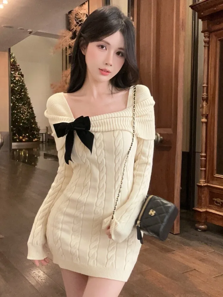 

Fashionable Knitted Dress Women's Knot Slimming All-Match Autumn Winter New Style Korean Version Commute Style Dress