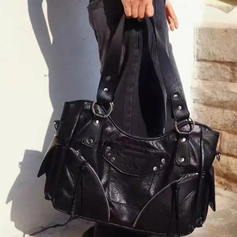 Women Leather Surface Rivet Single Shoulder Handbag Large Capacity Retro Multiple Styles Street Trend Daily Versatile Tote Bag
