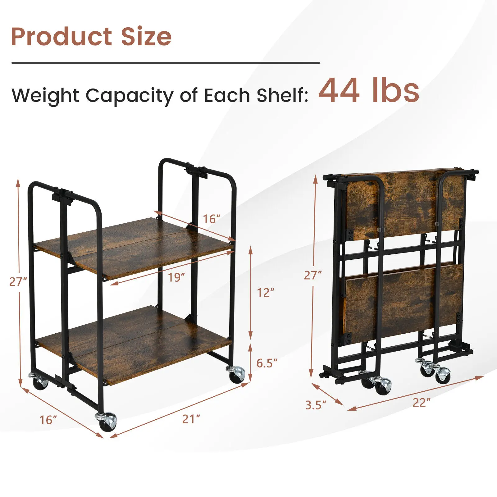 Costway 2-Tier Folding Bar Cart Kitchen Serving Island Utility Cart Storage Shelves