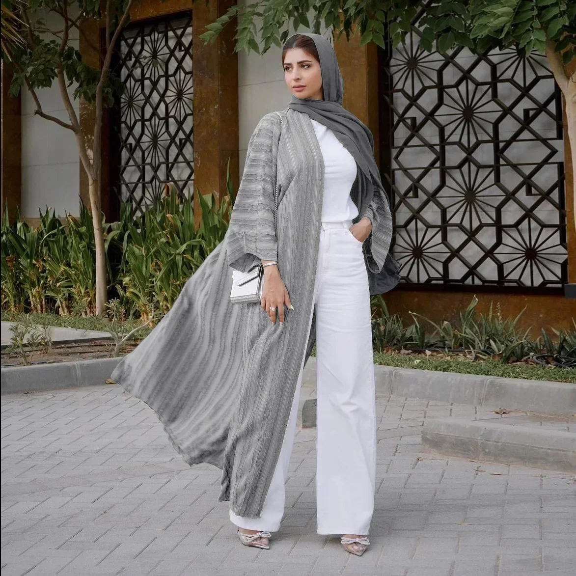 Ribbed Abaya terbuka kardigan mantel Muslim elegan rajut Abaya untuk wanita Dubai mewah Turki pakaian Islami Kimono Femme Musulmane