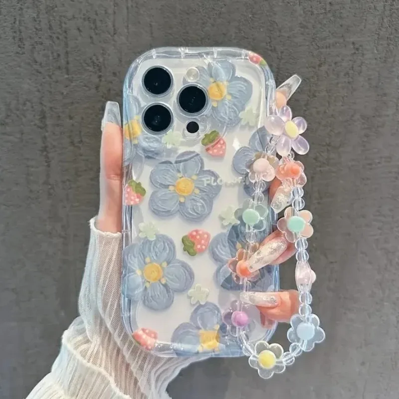 Erdbeerblumen-Handyhülle für iPhone 17 15 13 11 12 14 16 17 Pro Max Plus 17 Hüllen mit Blumen-Schlüsselband Silikon-Cover – Detail 6