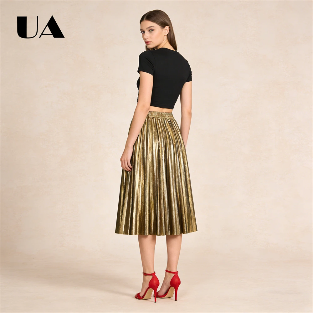 ULBYANRY 2026 Jupe métallique brillante de printemps pour femme, jupes plissées mi-longues trapèze, taille unique 78 cm de long