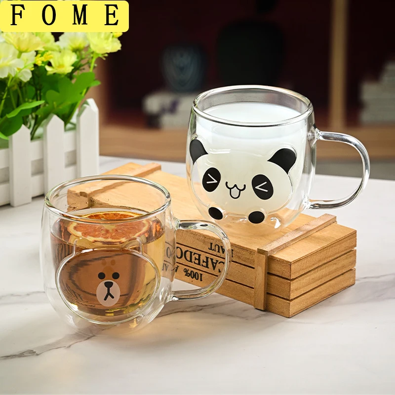 

1/2pcs Cartoon Animal Double Wall Glass Mug with Handle 3D Surface Coffee Milk Breakfast Cup Home Oat Juice TeaCup Couple Cup