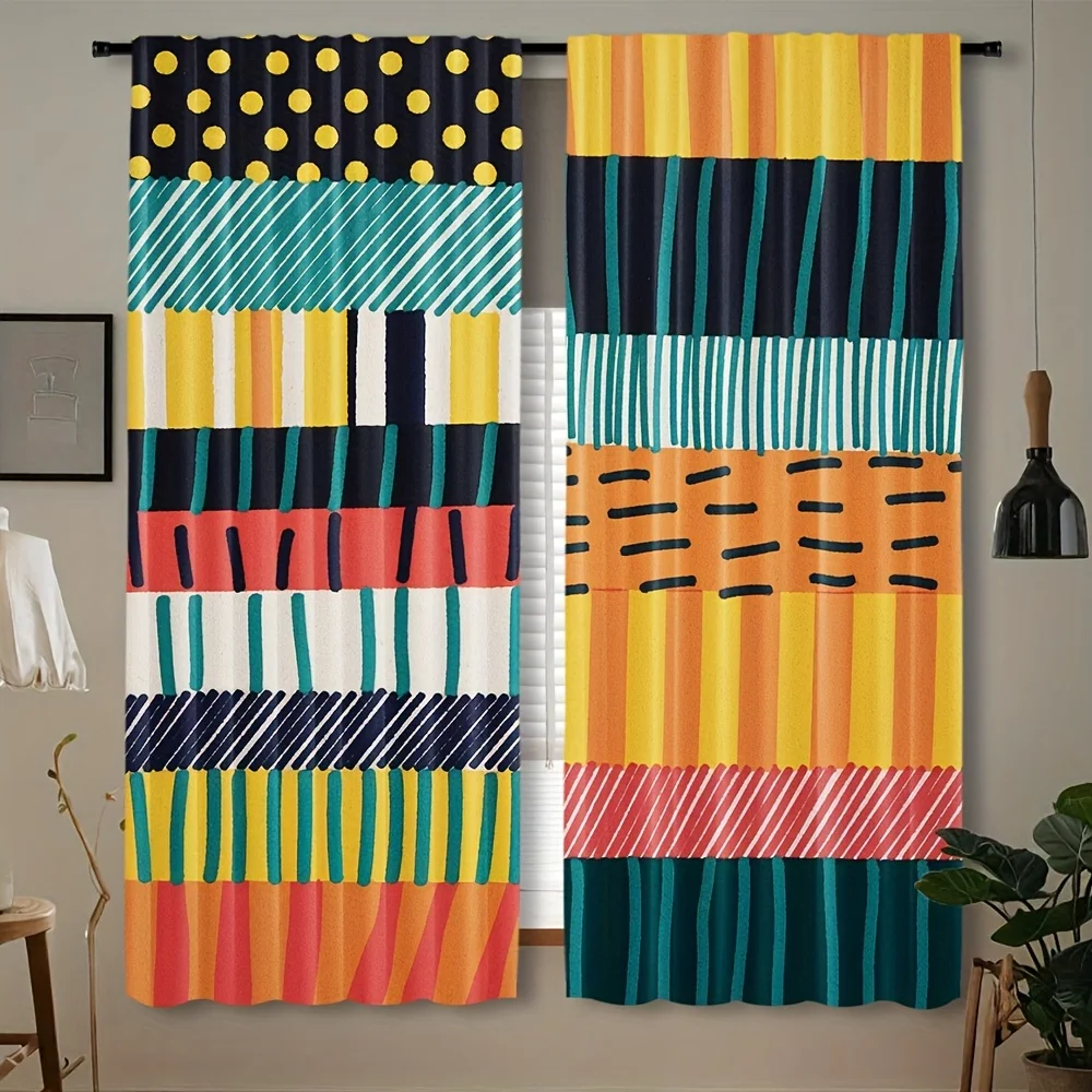 Cortina Divertida con Bloques de Color Abstractos, 2 Paneles, Naranja, Verde Azulado, Negro, con Estampado de Puntos y Rayas, para Habitación, Cortina de Ventana con Diseño Cálido, Juguetón y Bohemio para el Hogar