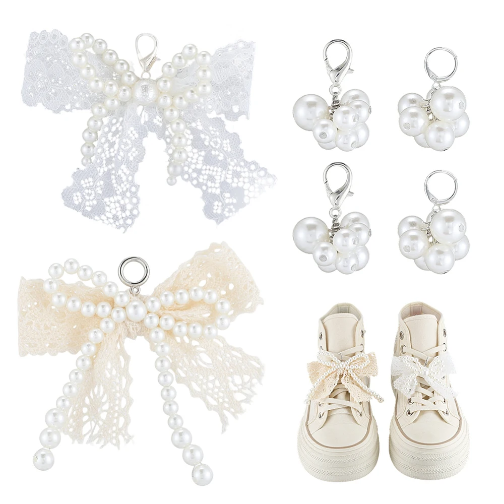 1 Box 8Pcs Pearl Shoe Charm Bowknot Shoelace Decorations Detachable Plastic Pearls Clip on Shoelace Charms with Spring Buckle