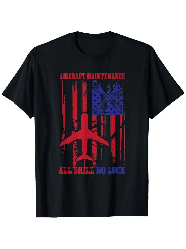 

Patriotic Aircraft Mechanic-American Flag&Airplane Design with "No Skill Luck"Slogan-100%Cotton O-neck printed men's T-shirt.