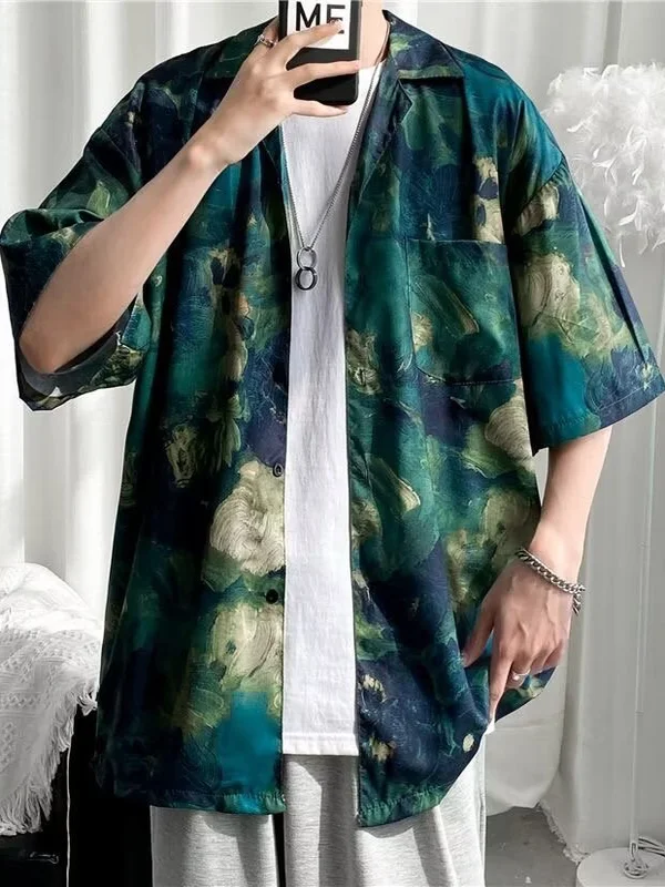 

Мужская повседневная пляжная рубашка из ледяного шелка с коротким рукавом, тонкая летняя рубашка с модным цветочным принтом, свободного кроя, молодежная, летняя.