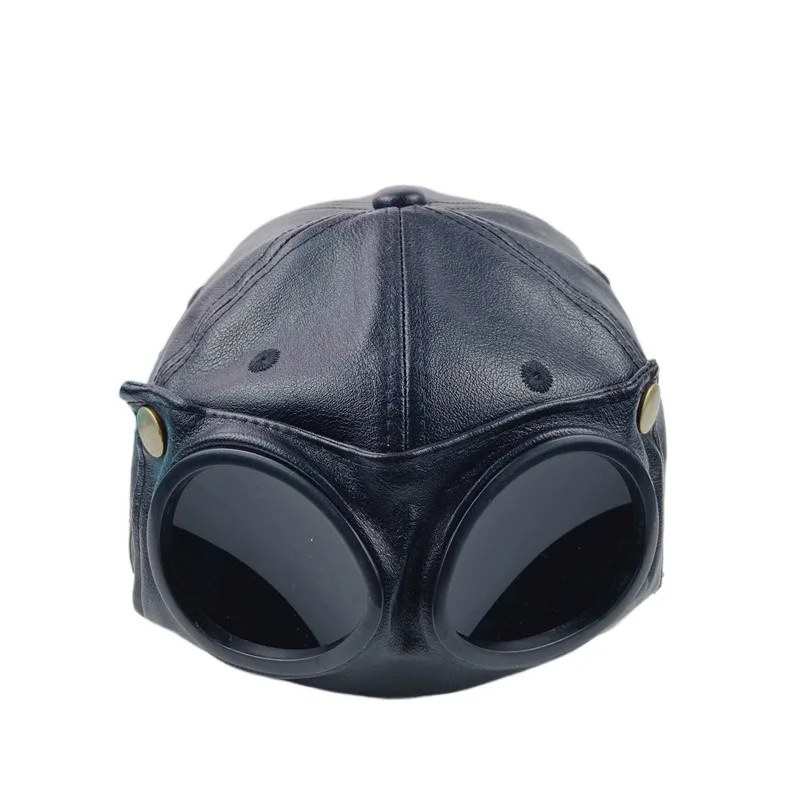 Fashion PU Leather Sunglasses Hat Personality Handsome Peaked Cap Korean Style Streetwear Pilot Glasses Hat Outdoor
