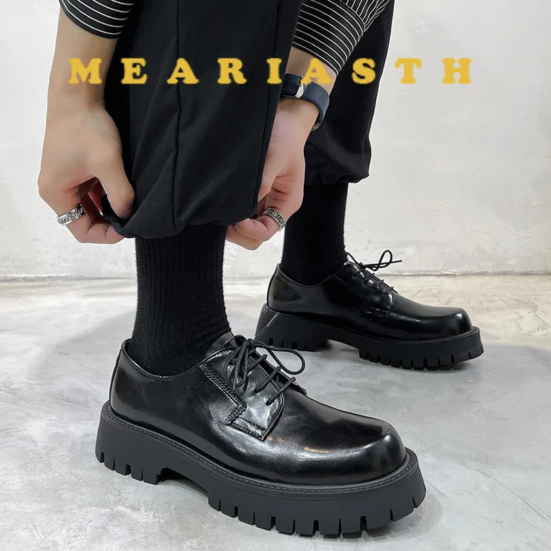

Черные повседневные кожаные туфли, мужские и мужские туфли на высокой подошве на платформе, Япония, Harajuku, корейская уличная одежда, модные деловые свадебные кожаные туфли
