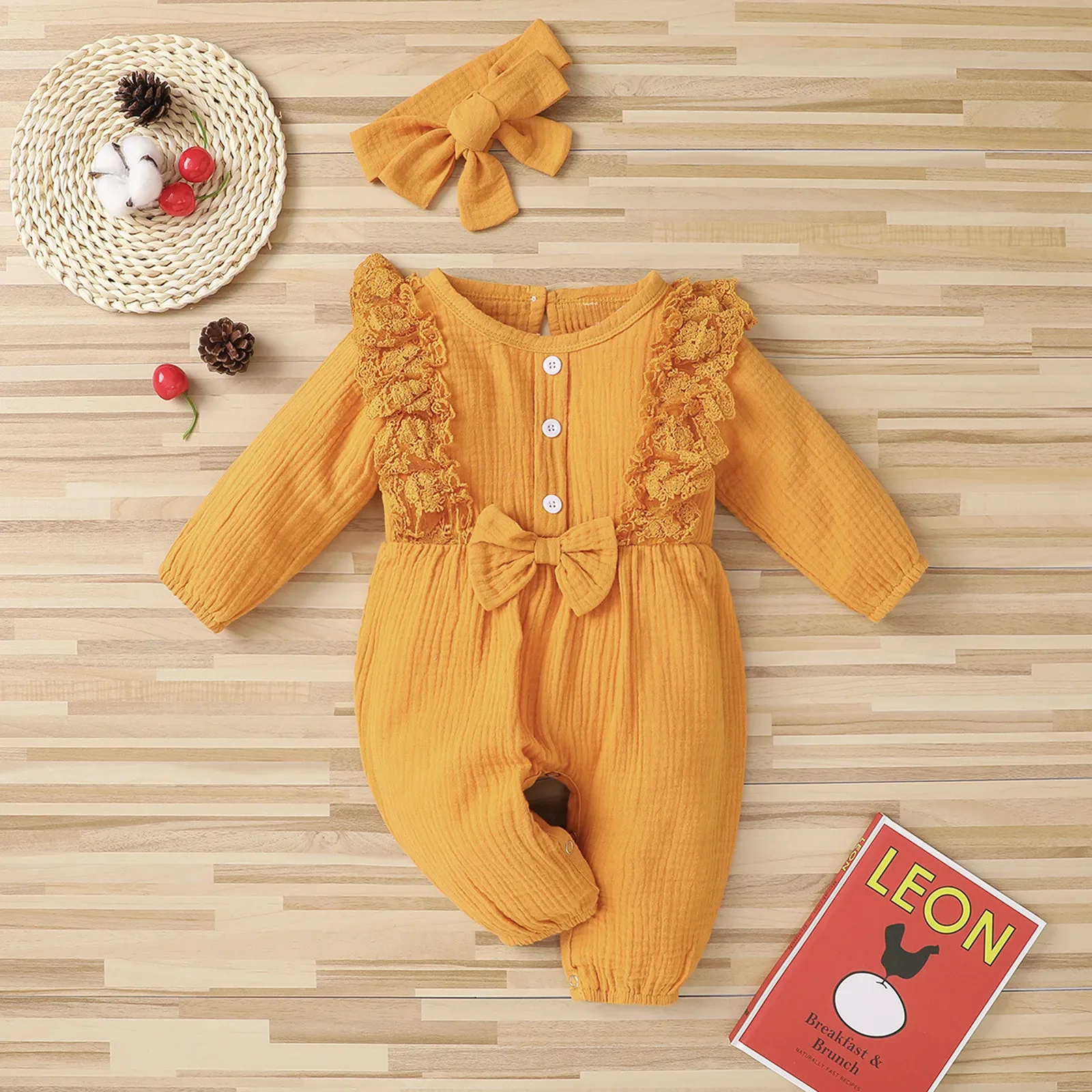 0-18Month Newborn Girls Romper Autumn Cute Bow Warm New Cotton Button Long Sleeve Baby Jumpsuit Pajamas+Butterfly Tie Hair Band