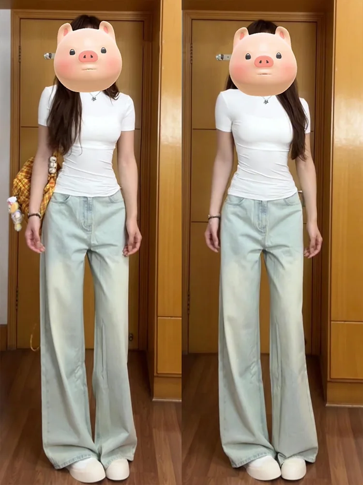 

Легкие джинсы с высокой талией в американском стиле ретро, женские летние тонкие свободные прямые драпированные брюки небольшого размера, широкие брюки, повседневные свободные брюки