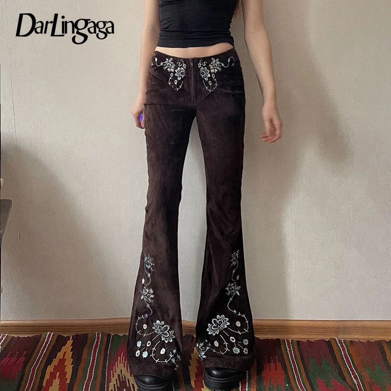 

Darlingaga Vintage Chic Flower Embroidery Flared Jeans Women Low Waist Zipper-Fly Denim Trousers All Match Streetwear Bottom New
