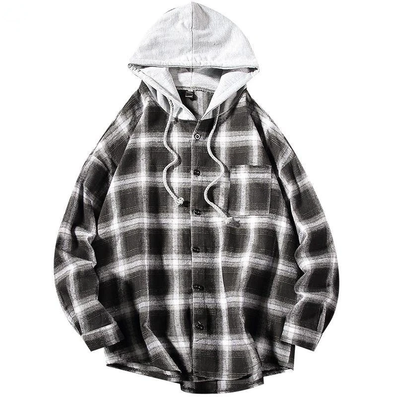 

Spring Autumn Men Shirts 2022 Casual Plaid Print Hoodies Loose Hooded Tops