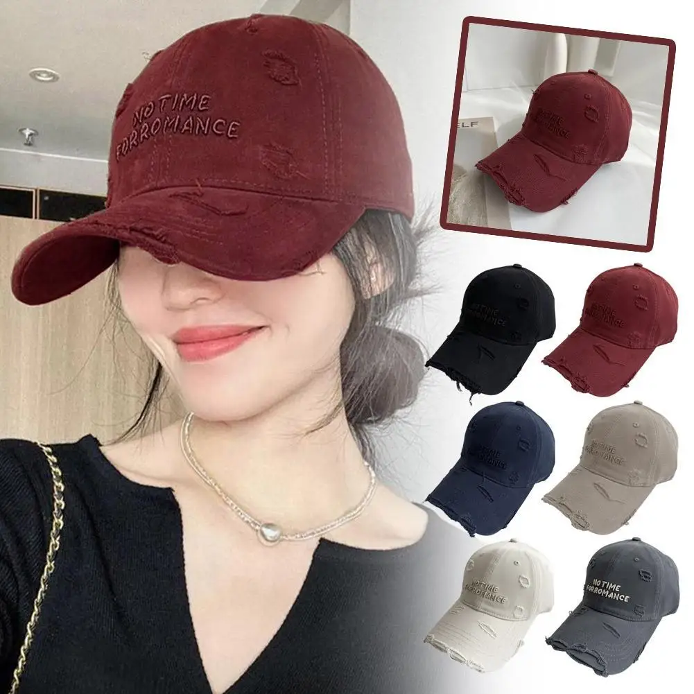 Women's Ripped Baseball Cap with Alphabet Embroidery Washed Cotton Duck Cap Small Face Plus Wide Brim Soft Top Visor Hat