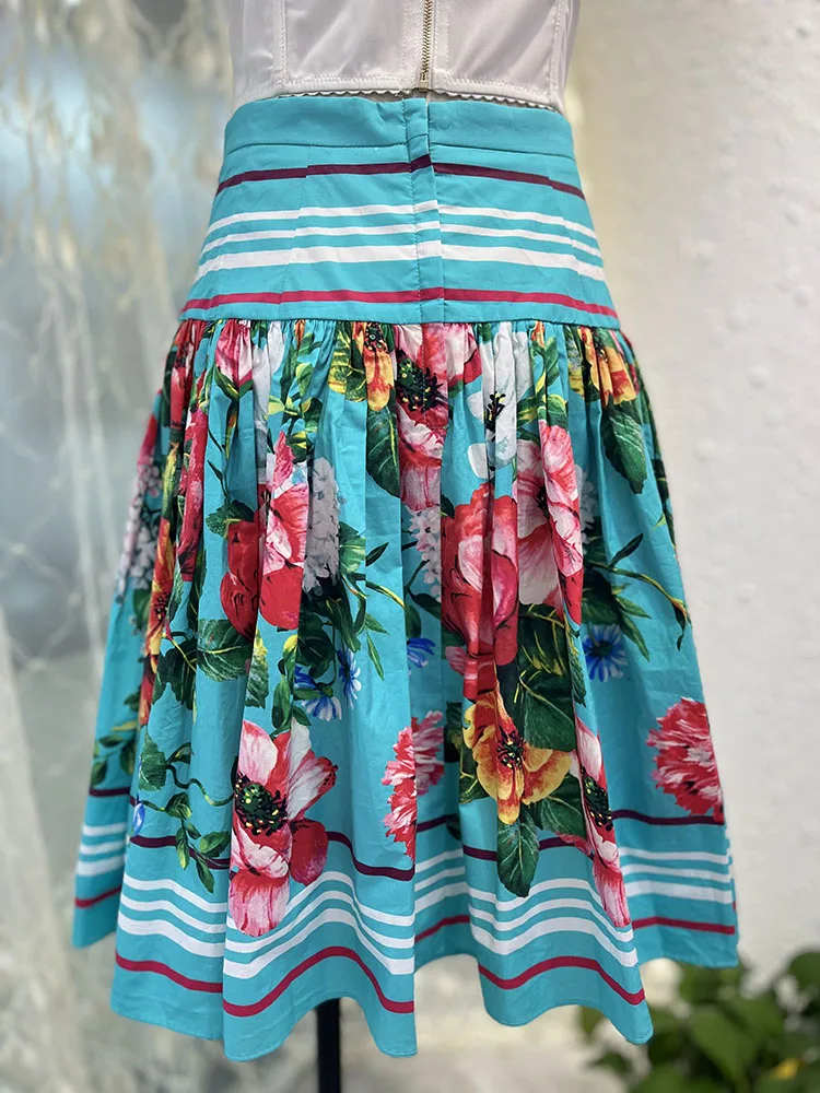 Women's Summer Skirt, 100% Cotton, Sicilian Flower Printing, Beach Holiday Half Dress, Sweets Lady, Fashion