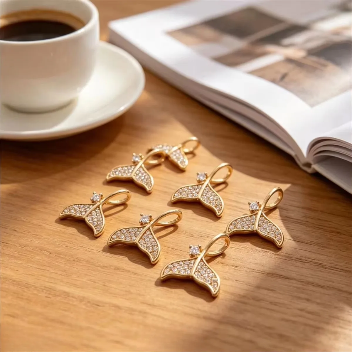 Brass 14K Gold Plated Shiny Zircon Mermaid & Whale Tail Pendants For DIY Earrings Marine Style Jewelry Accessories